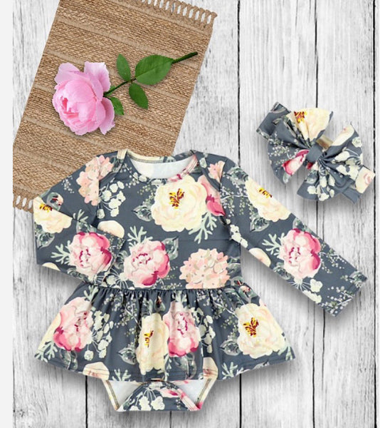 Gray Floral Romper with Headband